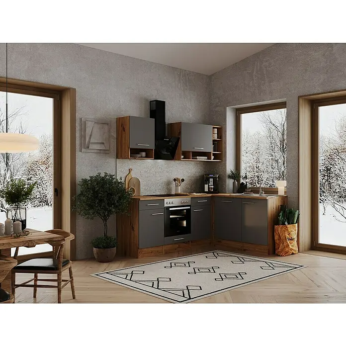 Respekta Winkelküche HildeB x T: 220 x 172 cm, Grau, Mit Elektrogeräten - Eine moderne graue und holzfarbene Küche mit Geräten und Akzenten. Das Design schafft eine gemütliche und funktionale Atmosphäre.
