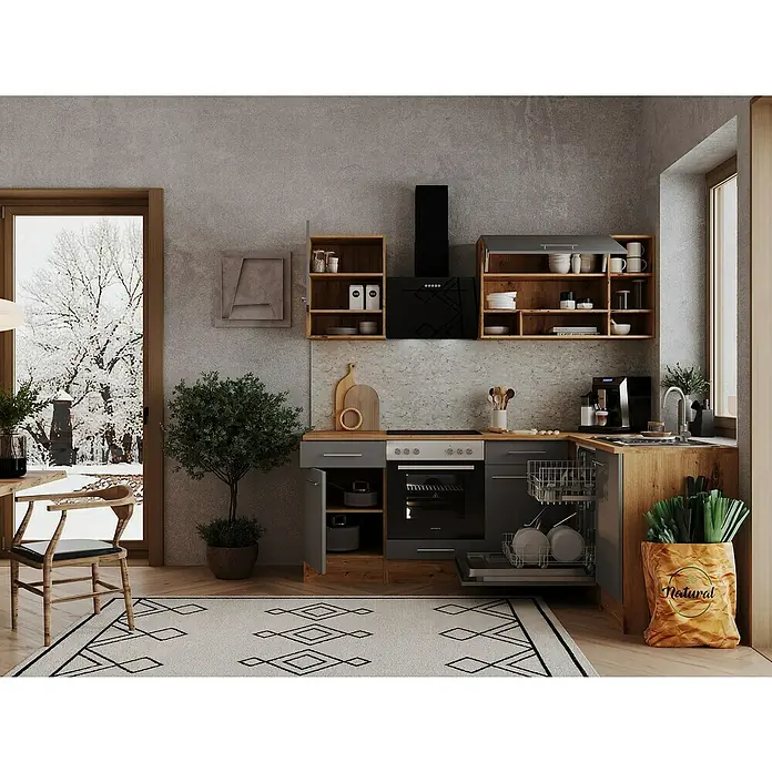 Respekta Winkelküche HildeB x T: 220 x 172 cm, Grau, Mit Elektrogeräten - Helle Küche mit dunklem Herd, Spülmaschine und Arbeitsfläche. Holzregale bieten Stauraum über der Küchenzeile. Zimmerpflanze im Topf.