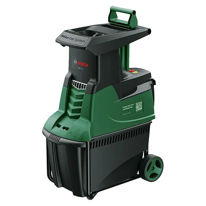 Bosch Elektro-Häcksler AXT 25 TC - Max. Aststärke: 4,5 cm, 2.500 W - Abbildung eines Bosch AXT 23 TC Häckslers, der Gartenabfälle effizient zerkleinert. Das Gerät ist grün/schwarz und hat ein 'Turbine Cut System'.