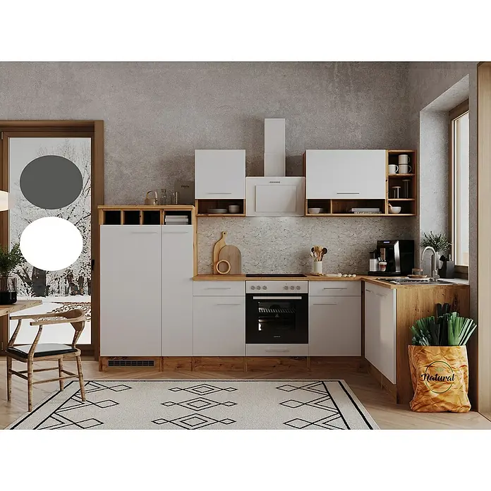 Respekta Winkelküche Hilde - Breite: 310 cm, Weiß, Holzoptik, Mit Elektrogeräten - Küchenansicht mit weißen Schränken, Holzdetails und einem Teppich mit geometrischen Mustern, die eine moderne und natürliche Ästhetik erzeugen.