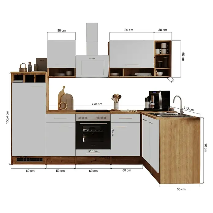Respekta Winkelküche Hilde - Breite: 280 cm, Weiß, Matt, Holzoptik, Mit Elektrogeräten - Eine moderne Küche mit weißen Schränken und Holzdetails, inklusive Maße für Planung und Design.