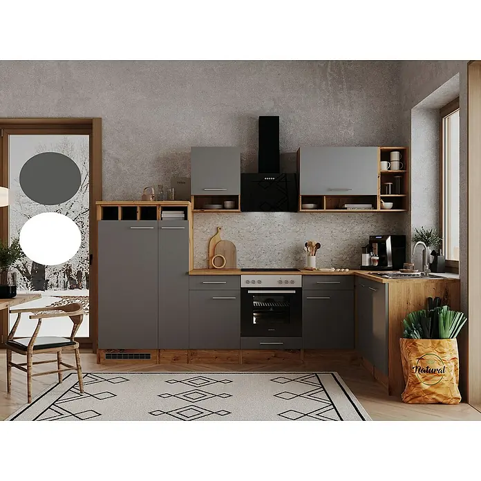 Respekta Winkelküche Hilde - Breite: 310 cm, Grau, Holzoptik, Mit Elektrogeräten - Küchenszene mit modernen grauen Schränken, Holzdetails und einer Auswahl an Küchengeräten, die eine stilvolle und funktionale Atmosphäre schaffen.
