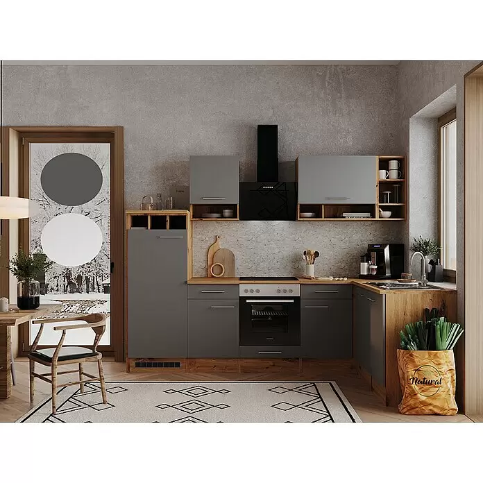 Respekta Winkelküche Hilde - Breite: 280 cm, Grau, Matt, Holzoptik, Mit Elektrogeräten - Moderne Küche mit grauen Schränken, Holz-Arbeitsplatten, Backofen und einem gemütlichen Essbereich mit Holzstuhl.