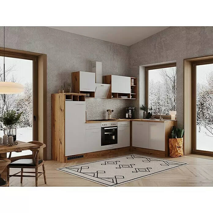 Respekta Küchenleerblock Hilde - Breite: 280 cm, Weiß, Matt, Holzoptik, Ohne Elektrogeräte - Moderne Küche mit weißen Schränken, hellen Holzdetails und grauen Wänden, mit Einbaugeräten und Essbereich. Blick auf schneebedeckte Landschaft.