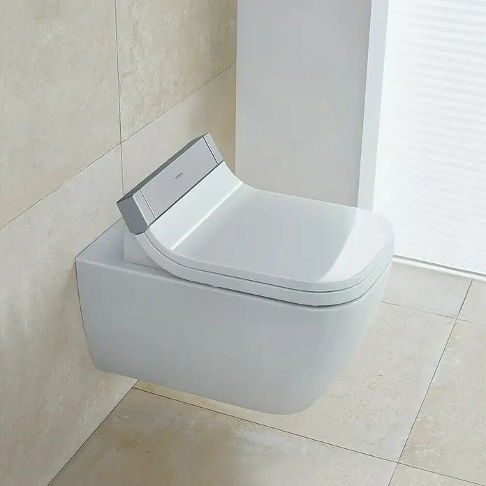 Duravit Happy D.2 Wand-WC Typ 2Spülrandlos, Ohne Spezialglasur, Spülform: Tief, WC Abgang: Waagerecht, Weiß - Das Bild zeigt eine moderne, wandhängende Toilette mit einem schlanken Design und einer eleganten grauen Akzentuierung. Perfekt für moderne Badezimmer.