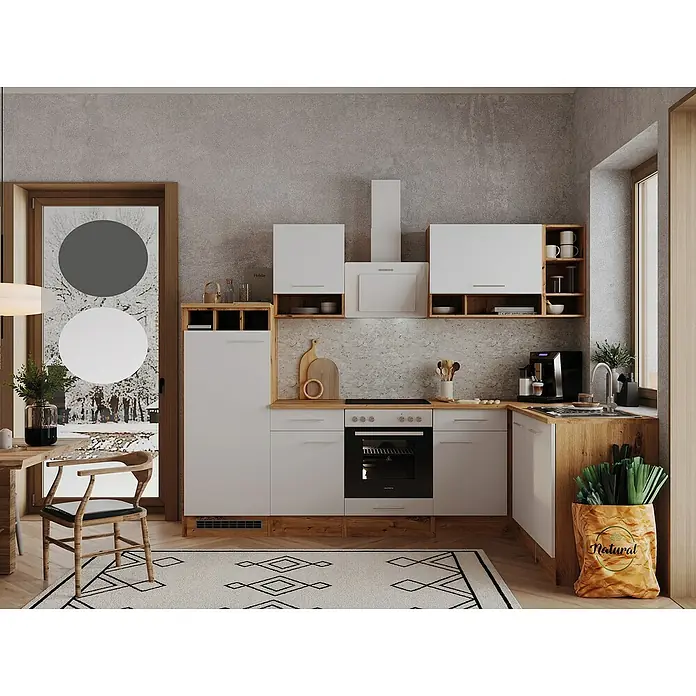 Respekta Winkelküche Hilde - Breite: 280 cm, Weiß, Matt, Holzoptik, Mit Elektrogeräten - Helle Küche mit weißen Schränken, Holzdetails und moderner Ausstattung für ein stilvolles und funktionales Design.