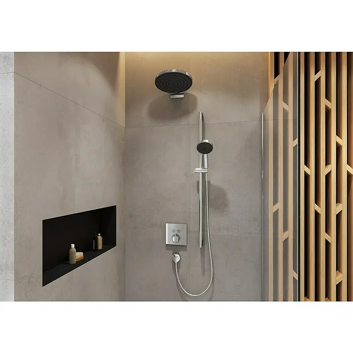 Hansgrohe UP-Thermostatarmatur ShowerSelect - Eckig, Chrom, Glänzend - Stilvolle Dusche mit moderner Duscharmatur und praktischer Ablagefläche. Die Holzwand verleiht dem Raum eine warme Note.
