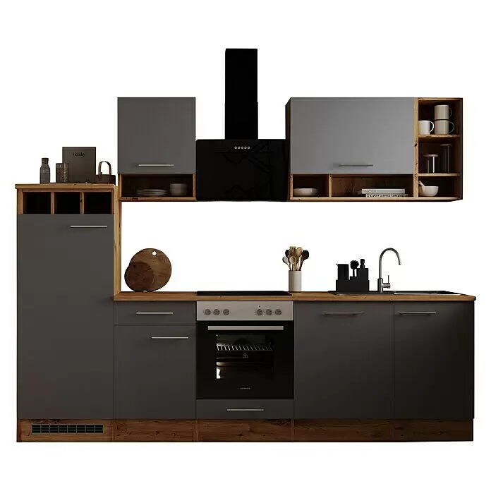 Respekta Cocina modular completa Hilde - Ancho: 280 cm, Gris, Mate, Efecto madera, Sin electrodomésticos - Mueble de cocina moderno con gabinetes gris oscuro, detalles de madera, horno, placa, fregadero y campana extractora integrados.