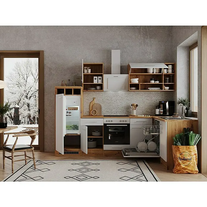 Respekta Winkelküche Hilde - Breite: 280 cm, Weiß, Matt, Holzoptik, Mit Elektrogeräten - Helle Küche mit Holzdetails, weißen Schränken und modernen Geräten, die eine einladende und funktionale Atmosphäre schafft.