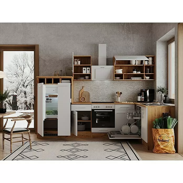 Respekta Winkelküche Hilde - Breite: 310 cm, Weiß, Holzoptik, Mit Elektrogeräten - Eine moderne Küche mit Holz- und weißen Schränken, Einbaugeräten, offenen Regalen und Blick auf eine verschneite Landschaft.
