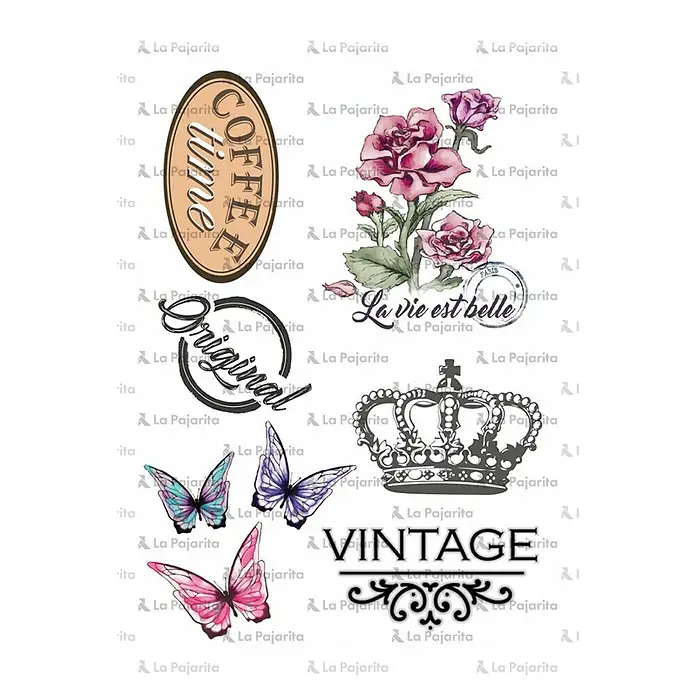 La Pajarita Papel para manualidades Transfer Vintage - 30 x 20 cm, Multicolor - Imagen con diseños vintage, café, flores, mariposas, una corona y texto.