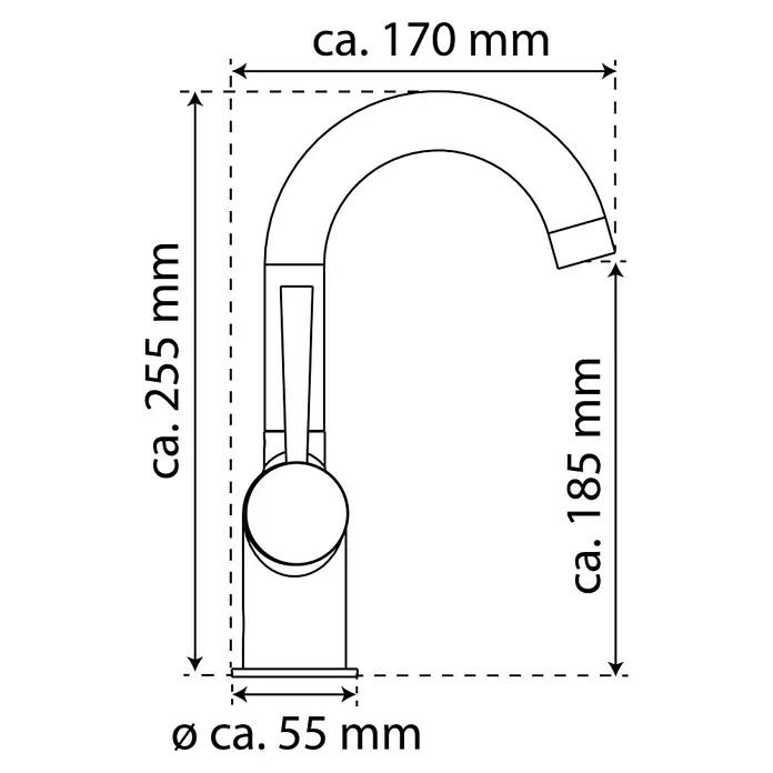 Camargue Merida Waschtischarmatur - Chrom, Glänzend, U-Auslauf - Schema eines Wasserhahns mit Maßen. Der Wasserhahn ist ca. 255 mm hoch, 170 mm tief und hat einen Durchmesser von ca. 55 mm.