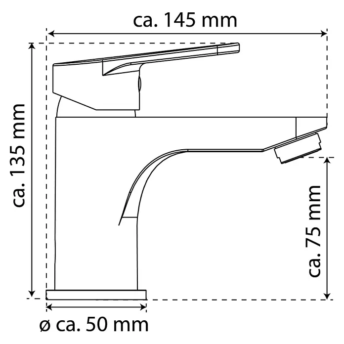 Camargue Elba Waschtischarmatur - Schwarz, Matt - Technische Zeichnung einer Armatur mit Maßangaben. Die Armatur hat eine Höhe von ca. 135 mm und eine Ausladung von ca. 145 mm.