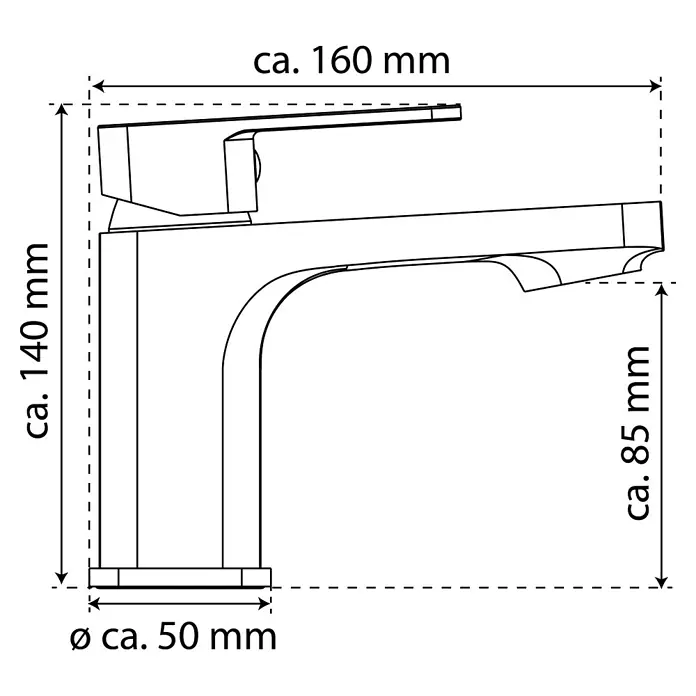 Camargue Waschtischarmatur Marbella - Graphit, Matt - Technische Zeichnung einer Armatur mit Maßen. Die Armatur hat eine Höhe von ca. 140 mm und eine Ausladung von ca. 160 mm.