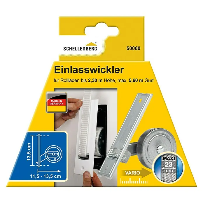 Schellenberg Rollladen-Gurtwickler MaxiLochabstand: 135 mm, Gurtbreite: 23 mm, Max. Gurtlänge: 5,6 m - Produktverpackung des Schellenberg Einlasswicklers, einem Gurtwickler für Rollläden bis 2,30 m Höhe, mit Zubehör und Maßangaben.