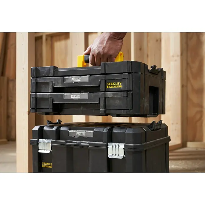 Stanley TSTAK Caja para herramientas con 2 cajones - 31,42 x 44 x 17,6 cm - Las cajas de herramientas Stanley FATMAX Pro-Stack ofrecen una solución robusta y apilable para organizar las herramientas en el lugar de trabajo.