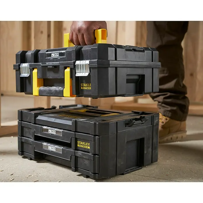 Stanley TSTAK Caja para herramientas grande con 2 cajones - 33,17 x 44 x 32,16 cm - Cajas de herramientas apilables Stanley Fatmax en negro y amarillo, ideales para profesionales y aficionados.