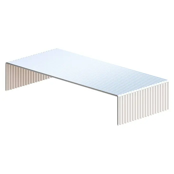 Sarei Stoßverbinder - Breite: 200 mm, Silber, Aluminium - Illustration eines stilvollen Monitorständers mit Streifenmuster für mehr Komfort und Ergonomie am Arbeitsplatz.