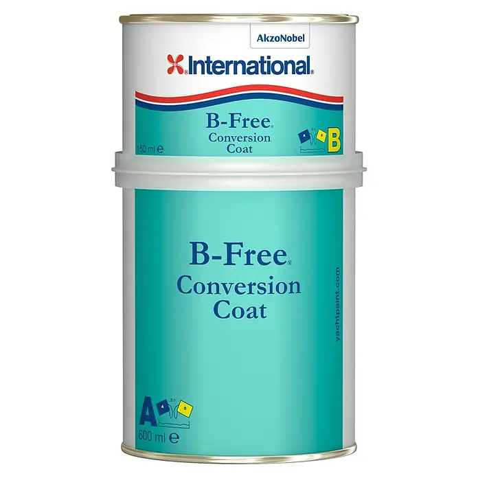 International B-Free Grundierung Conversion Coat - Grau, 750 ml - Produktbild: Zwei Dosen International B-Free Conversion Coat, eine 150 ml und eine 600 ml Dose, für den professionellen Einsatz.