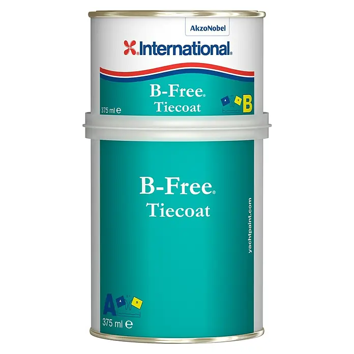 International B-Free Vorstreichfarbe Tiecoat - 2,5 l - Abbildung eines Stapels von zwei Dosen International B-Free Tiecoat Antifouling-Bootsfarbe, die für den Einsatz auf Yachten und Booten entwickelt wurde.