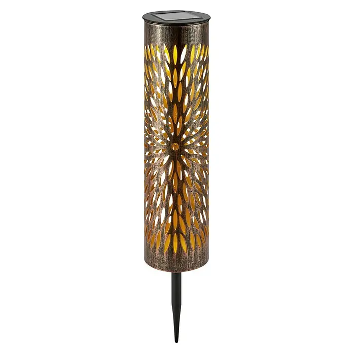 BAUHAUS Solar-Dekoleuchte - Silber antik, IP44 - Abgebildet ist eine dekorative Solarleuchte mit einem bronzefarbenen, floral durchbrochenen Lampenkörper und einem Erdspieß für den Garten.