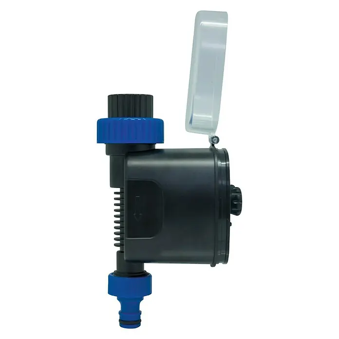 Altadex Programador de riego Aquacontrol Micro - Tiempo de riego: 1 min - 2 h - Un temporizador de riego automático con conectores azules y tapa transparente, ideal para un control preciso del riego.