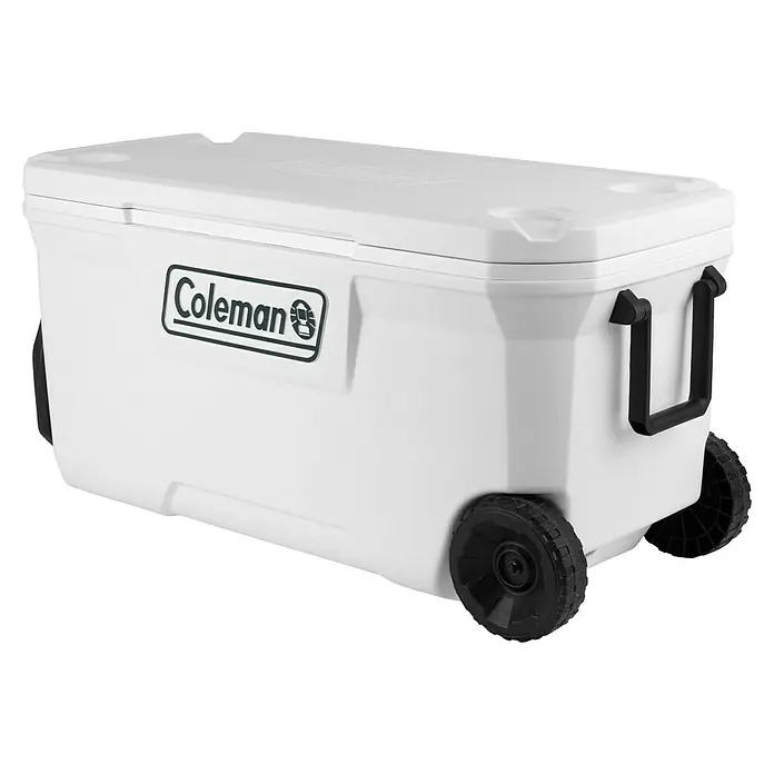 Coleman Nevera de camping Xtreme Marine - L x An x Al: 46,5 x 93 x 45,5 cm, Blanco, 90,2 l, Ruedas - Nevera blanca Coleman con ruedas y asa negra para facilitar el movimiento y el transporte de alimentos y bebidas.
