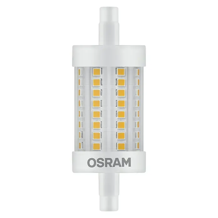 Osram Superstar Bombilla LED - R7s, Intensidad regulable, Blanco cálido, 1.055 lm, 8,5 W - Primer plano de una lámpara LED OSRAM, prometiendo iluminación eficiente y larga vida útil. Ideal para conceptos de iluminación modernos.