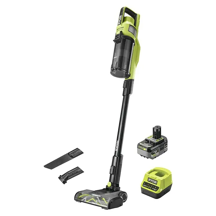 Ryobi ONE+HP Akku-Staubsauger RSV18X-1X40G - 18 V, 1 Akku, 4 Ah, Behältervolumen: 0,8 l - Akkusauger der Marke Ryobi mit Zubehör und Ladegerät. Das Gerät ist grün-schwarz und hat einen transparenten Staubbehälter.
