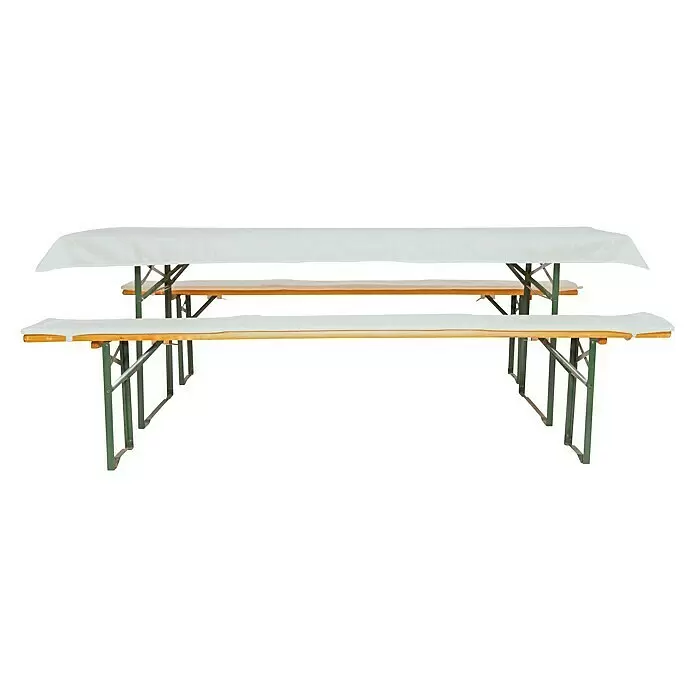 Bierbankauflagen-Set - Grau, 240 x 50 cm, 100 % Polyester, 3 -tlg. - Zwei Biergartengarnituren mit weißen Tischdecken. Die Tische und Bänke haben Holzplatten und grüne Metallgestelle.