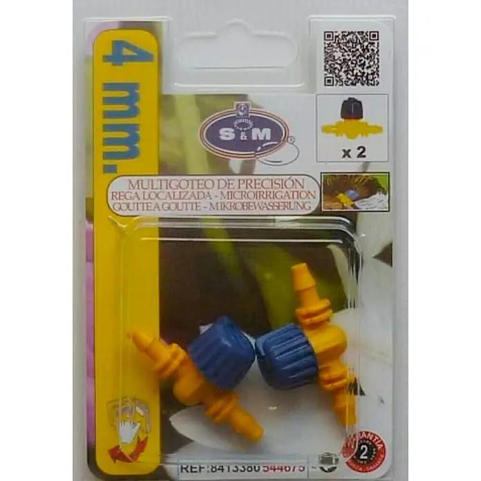 Llave de paso - 4 mm, Específico para: Microtubo de sistemas de riego por goteo - Primer plano de un paquete de microirrigación de precisión Multigoteo de 4 mm con dos adaptadores amarillos y azules.