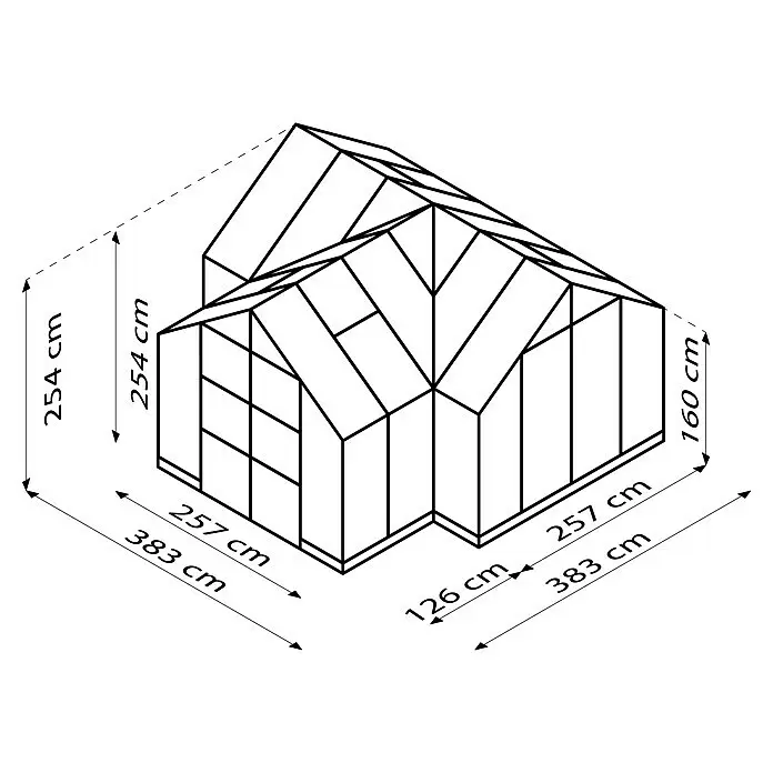 Vitavia Gewächshaus Campus - Außenmaß inkl. Dachüberstand (B x T): 383,4 x 383,3 cm, Material Seitenwand: Glas, 3 mm, Smaragd - Skizze