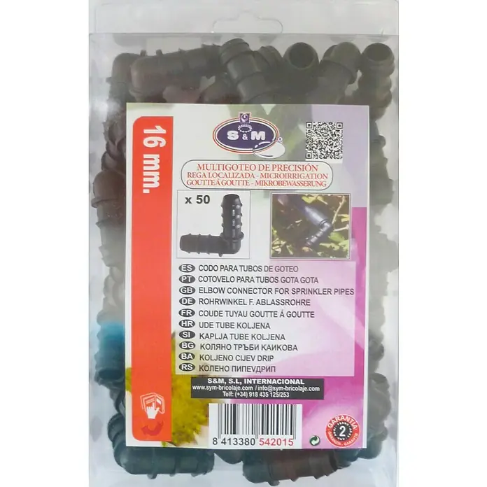 Codo goteo - Diámetro: 16 mm, Plástico, 50 ud. - Pack de conectores de codo de microirrigación S&M, 16 mm, 50 unidades para tubos de goteo, ideal para riego y soluciones precisas.