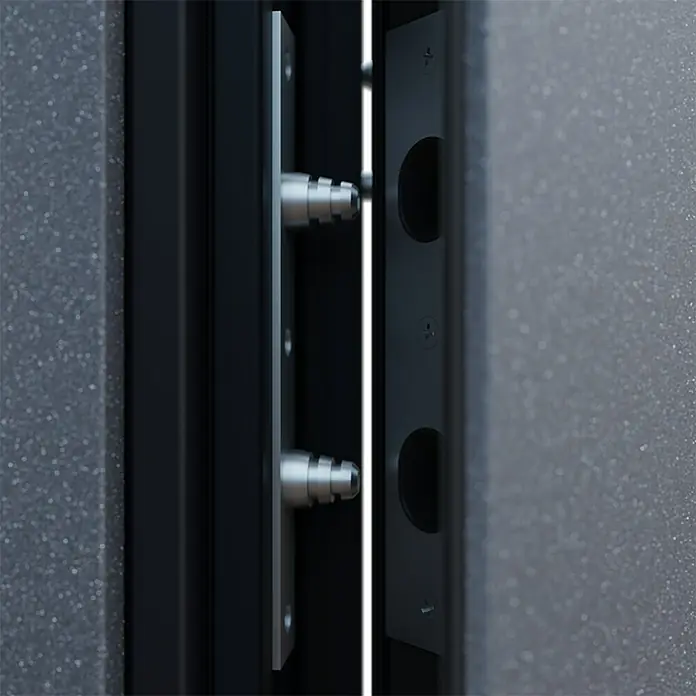 FM Türen Haustür DS92-520 - 110 x 210 cm, DIN Anschlag: Links, Anthrazit - Detailansicht einer Tür mit Mehrfachverriegelung, die Sicherheit und Stabilität durch robuste Metallkonstruktion bietet.