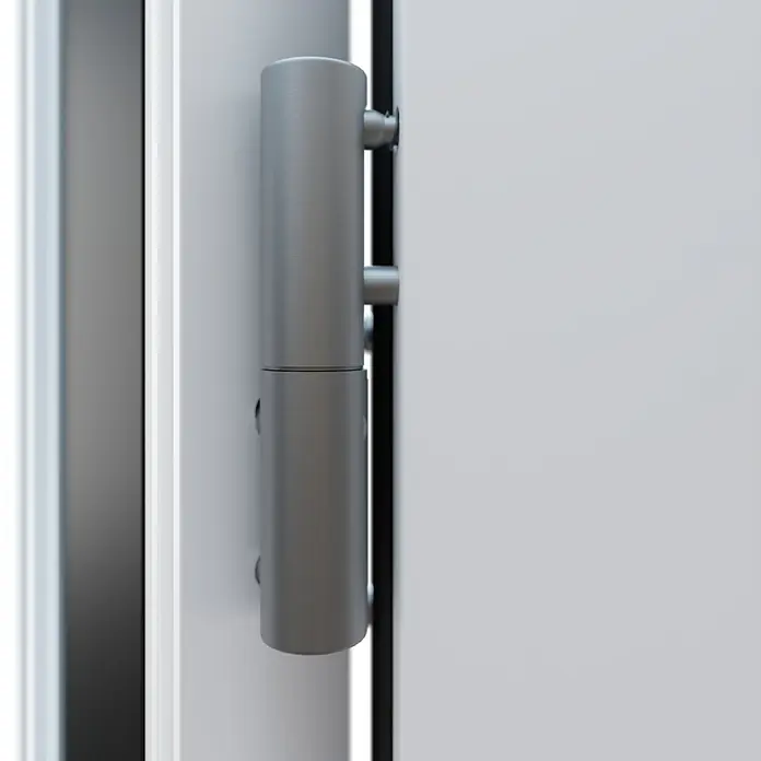 FM Türen Haustür DS92-16 - 100 x 200 cm, DIN Anschlag: Links, Weiß - Nahaufnahme eines Türscharniers aus Metall an einer weißen Tür, das die robuste Bauweise und die glatte Oberfläche hervorhebt.