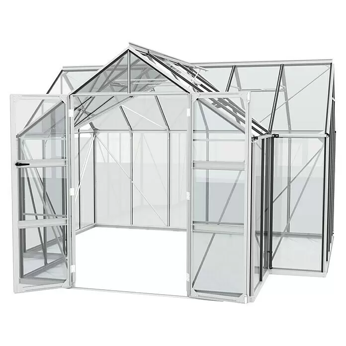 Vitavia Gewächshaus Campus - Außenmaß inkl. Dachüberstand (B x T): 383,4 x 383,3 cm, Material Seitenwand: Glas, 3 mm, Aluminium - Diagonale Ansicht