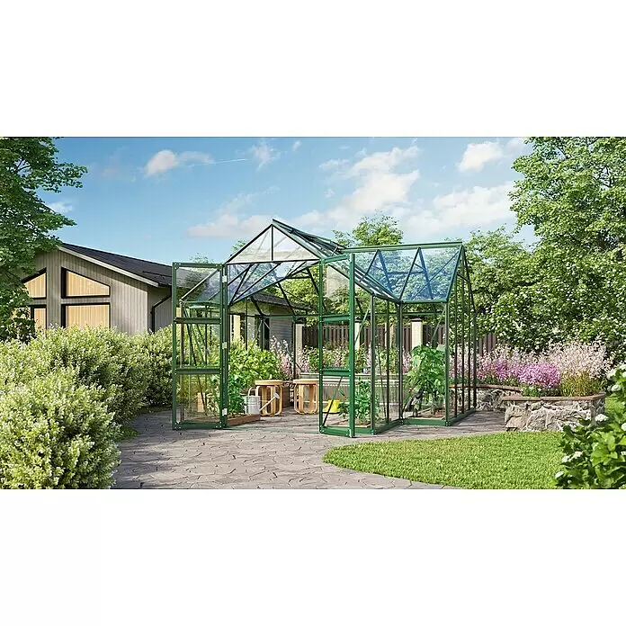 Vitavia Gewächshaus Campus - Außenmaß inkl. Dachüberstand (B x T): 383,4 x 383,3 cm, Material Seitenwand: Glas, 3 mm, Smaragd - Stimmungsaufnahme