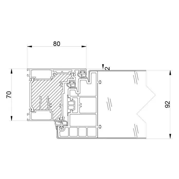 FM Türen Haustür DS92-16 - 100 x 210 cm, DIN Anschlag: Links, Weiß - Querschnitt einer Fensterrahmenkonstruktion mit Maßangaben, die die Abmessungen und Proportionen des Rahmens zeigen.