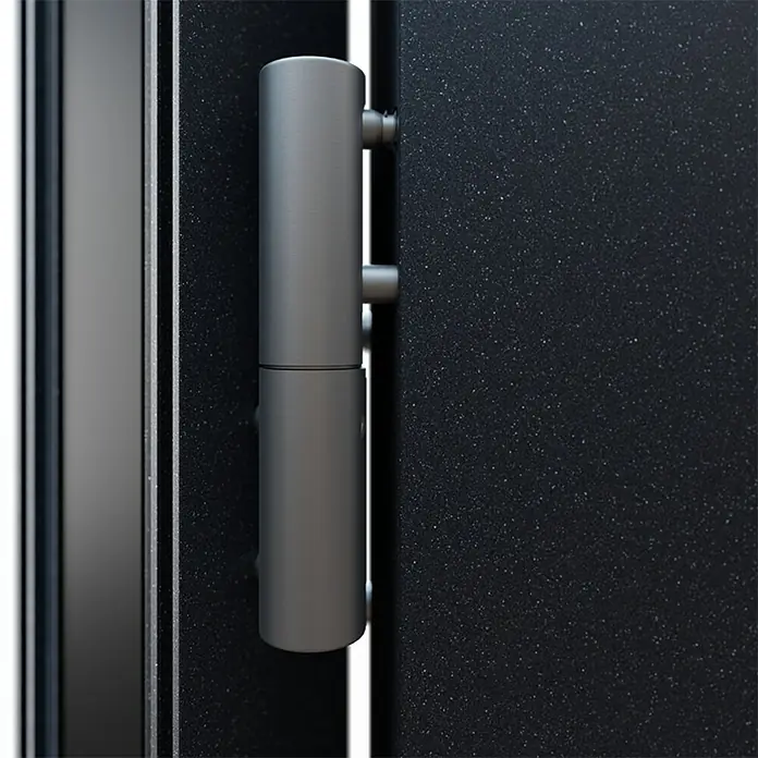FM Türen Haustür DS92-520 - 110 x 210 cm, DIN Anschlag: Links, Anthrazit - Nahaufnahme eines Türscharniers aus Metall, das an einer dunklen Tür befestigt ist.