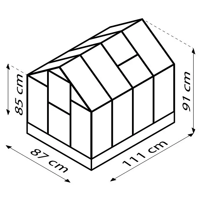 Vitavia Gewächshaus Merlin - Außenmaß inkl. Dachüberstand (B x T): 87,2 x 111,6 cm, Material Seitenwand: Kunststoff, 4 mm, Smaragd - Umrisszeichnung eines kompakten Gewächshauses, 111x87 cm Basis, 85 cm Traufhöhe, 91 cm Firsthöhe.