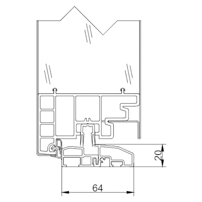 FM Türen Haustür DS92-16 - 100 x 210 cm, DIN Anschlag: Links, Weiß - Technische Zeichnung eines Fensterprofils mit Maßen, die Details der Konstruktion und Abmessungen des Fensterrahmens hervorheben.