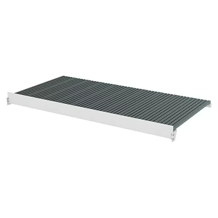 Gewächshaus-Einlegeboden für Balkongewächshaus - 80,5 x 11 x 6,5 cm, Alu eloxiert - Dunkelgraues Lamellenregal mit weißen Seitenleisten und Halterungen.