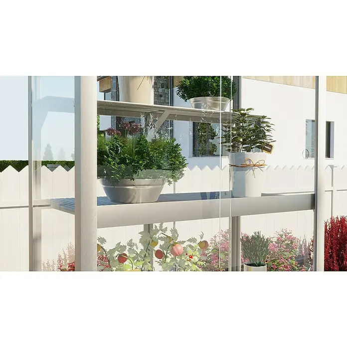 Gewächshaus-Einlegeboden für Balkongewächshaus - 80,5 x 11 x 6,5 cm, Alu eloxiert - Ein Gewächshausregal mit verschiedenen Topfpflanzen, darunter Tomatenpflanzen. Das Regal ist aus Metall gefertigt und steht in einem weißen Gewächshaus.