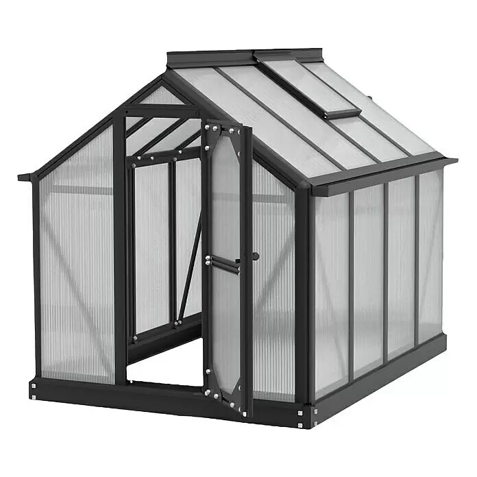 Vitavia Gewächshaus Merlin - Außenmaß inkl. Dachüberstand (B x T): 87,2 x 111,6 cm, Material Seitenwand: Kunststoff, 4 mm, Schwarz - Schwarz gerahmtes Gewächshaus mit lichtdurchlässigen Platten und geöffneter Tür.