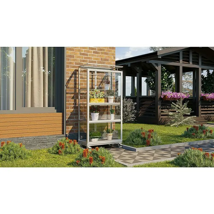 Gewächshaus-Einlegeboden für Balkongewächshaus - 80,5 x 11 x 6,5 cm, Alu eloxiert - Ein kompakter, silberner Pflanzenschrank mit transparenten Regalen, ideal für den Außenbereich und zur Präsentation von Pflanzen.