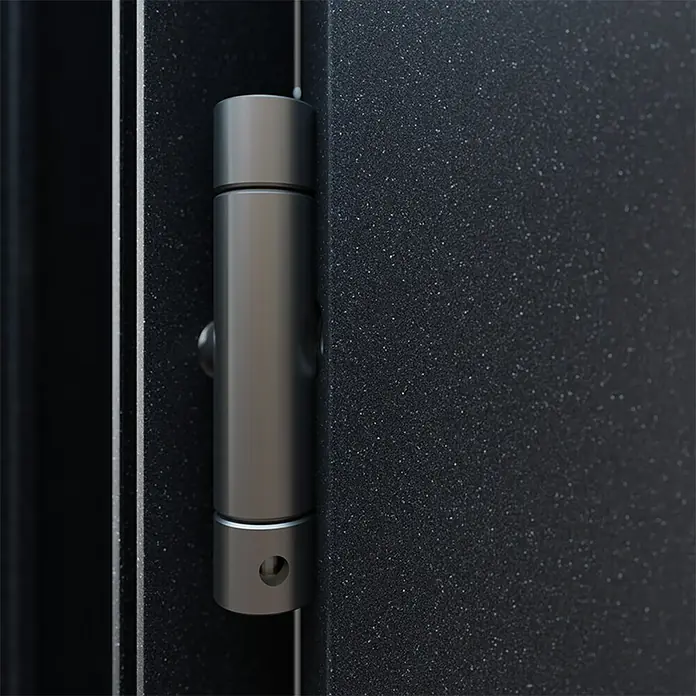 FM Türen Nebeneingangstür ATU68-520 - 110 x 207 cm, DIN Anschlag: Links, Anthrazit - Nahaufnahme eines Türscharniers aus Metall, das die Detailgenauigkeit und Robustheit hervorhebt. Ideal für moderne Türen.