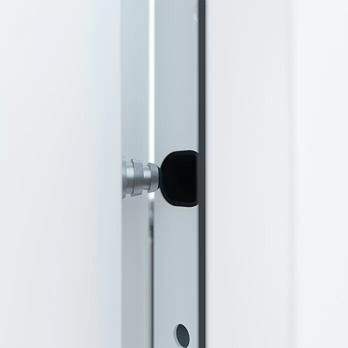FM Türen Nebeneingangstür NBT56-07 - 110 x 210 cm, DIN Anschlag: Rechts, Weiß - Silberner zylindrischer Griff mit schwarzem Soft-Close-Puffer an einer weißen Platte.