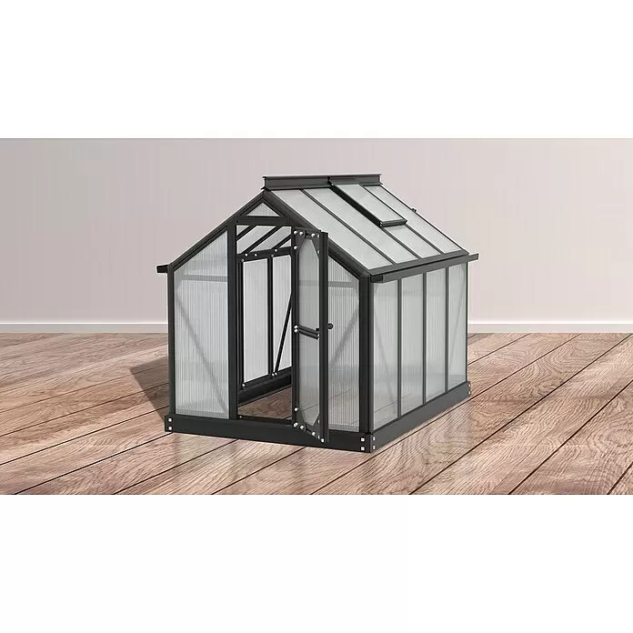 Vitavia Gewächshaus Merlin - Außenmaß inkl. Dachüberstand (B x T): 87,2 x 111,6 cm, Material Seitenwand: Kunststoff, 4 mm, Schwarz - Schwarz gerahmtes Mini-Gewächshaus mit lichtdurchlässigen Platten, offener Tür und Dachluke, zum Pflanzenanbau.