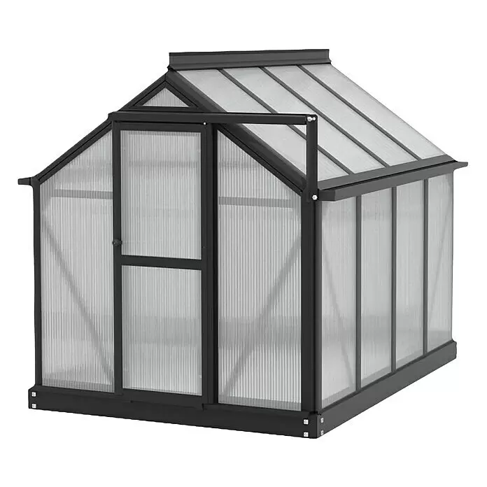 Vitavia Gewächshaus Merlin - Außenmaß inkl. Dachüberstand (B x T): 87,2 x 111,6 cm, Material Seitenwand: Kunststoff, 4 mm, Schwarz - Kompaktes Gewächshaus mit dunklem Rahmen und lichtdurchlässigen Platten, Schrägdach und teilweise offener Tür.