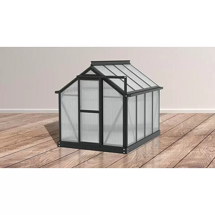Vitavia Gewächshaus Merlin - Außenmaß inkl. Dachüberstand (B x T): 87,2 x 111,6 cm, Material Seitenwand: Kunststoff, 4 mm, Schwarz - Kleines Gewächshaus mit schwarzem Rahmen und transluzenten Platten für Pflanzen.